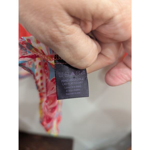 Hale Bob 100% silk and beaded neon mandala style print top w/roll tab sleeve top - Picture 5 of 10